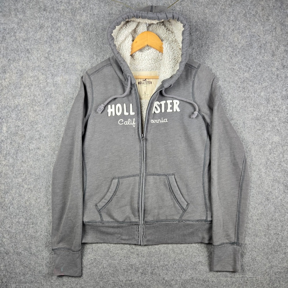 Hollister Zip Hoodie Womens Large Gray Sherpa Lined Logo Surf Y2K Grunge Skater